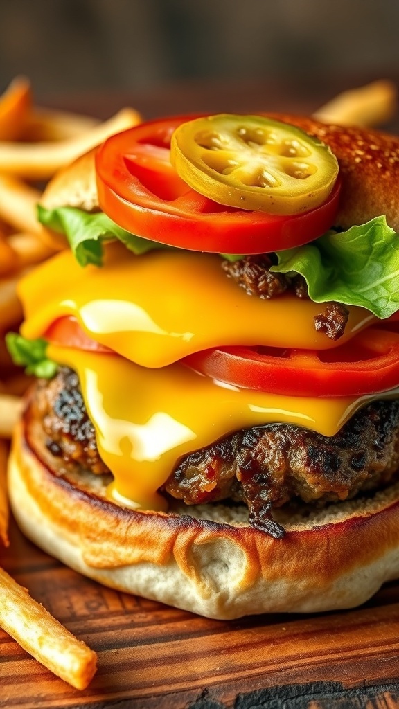 Juicy Lucy Burger Recipe A delicious Juicy Lucy burger with cheese oozing from the center, garnished with lettuce and tomato, served with fries.